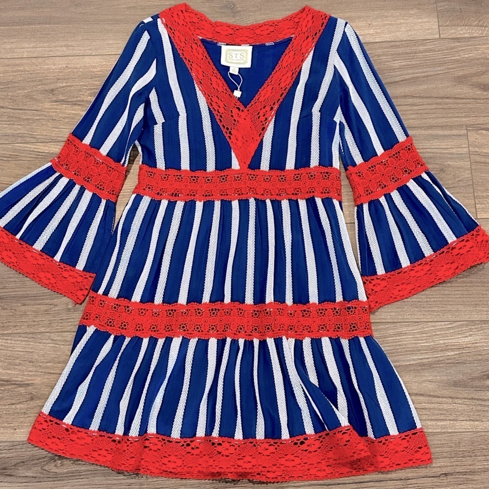 New! Sail to Sable Blue and White Striped Dress with Red Lace Detailing Size XS